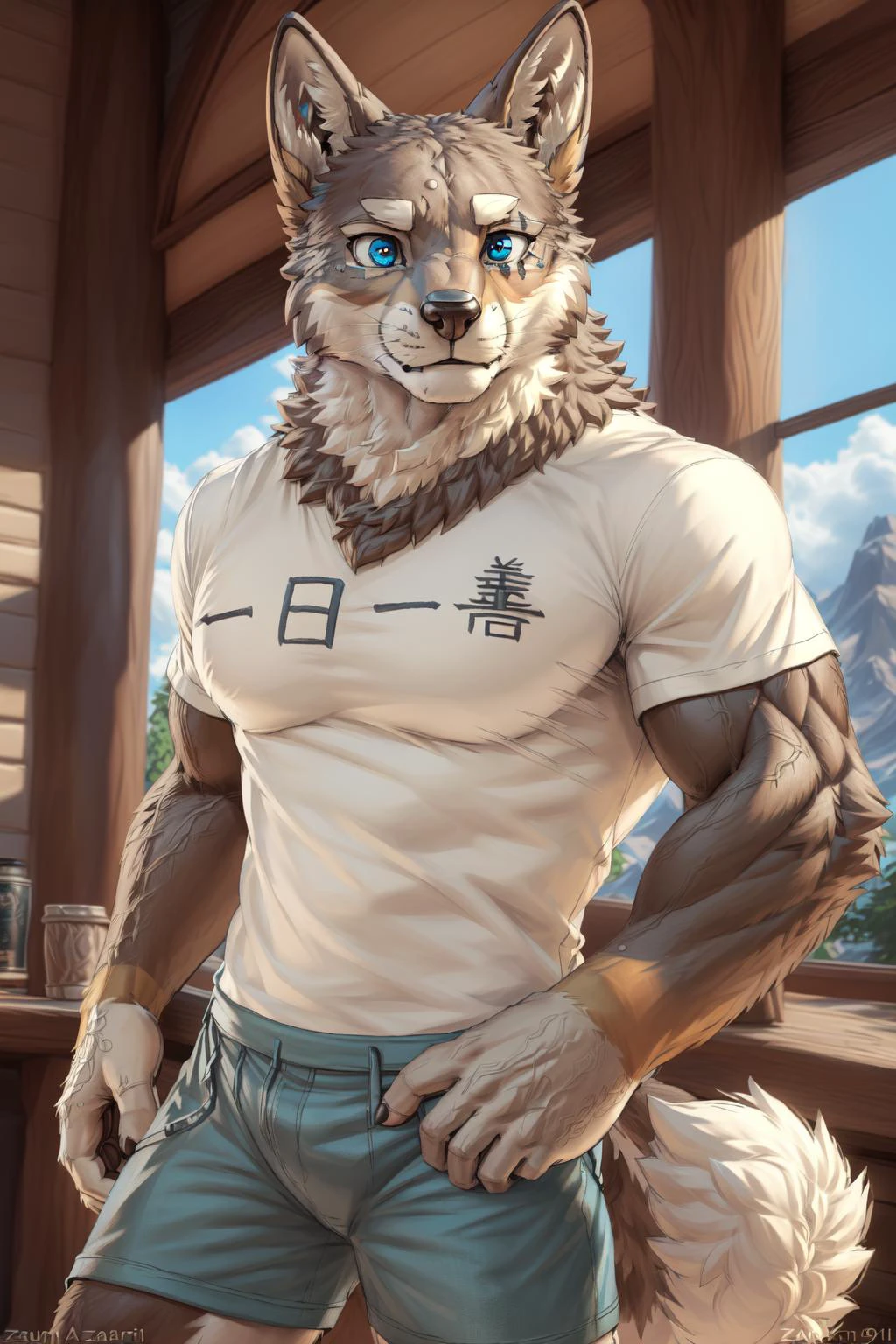 <lora:ogami_aratsuka-09:1>, ogami aratsuka, blue eyes, muscular male, scar, (posing:1.3), (soft shading), 4k, hi res, five fingers, detailed hands, ((detailed face, (detailed eyes:1.5), detailed)), by zackarry911, by zaush, (by personalami:0.5), shirt, shorts, tail