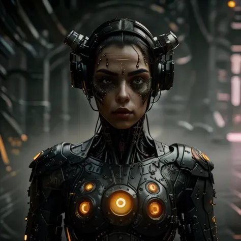 broken cyborg woman, gloweyes, tears from eyes, mechanical body and head, wires on the head, higly detailed, Realistic full-length photography, black & Green, 4k