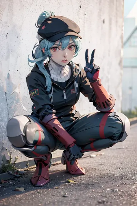 , <lora:Gopn1k:1> Gopn1k, squat, track suit, from above
, <lora:flatcap3-10:0.65> flat cap,
, <lora:persona-labrys-10:0.9> labrys, android, robot joints, joints, ponytail, red eyes, peace sign, best quality, masterpiece, ultra high res, detailed skin, high detail,