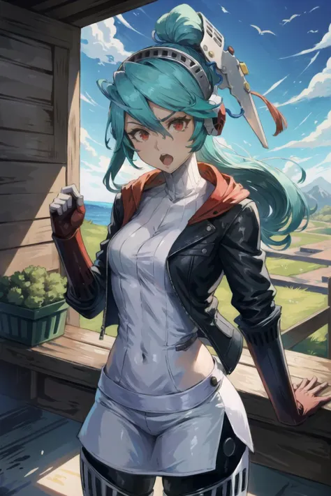 (masterpiece, best quality:1.2), solo, cowboy shot,
<lora:persona4_labrys-10:1.0>, labrys, android, robot joints, joints, ponytail, headphones, red eyes, casual clothes, leather jacket, beautiful scenery, chicken coop, on back[::1], open mouth, angry,
<lora:epiNoiseoffset_v2:0.3>, <lora:LowRA:0.3>