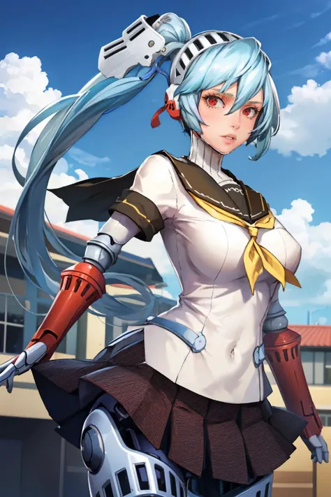 (masterpiece, best quality:1.2), 1girl, solo, looking at viewer, <lora:taffytales:0.95> taffytales, <lora:persona4_labrys:0.95> labrys, android, robot joints, joints, ponytail, red eyes, school uniform, serafuku, skirt, outdoors,