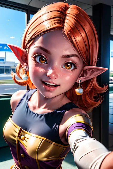 Kai of Time, girl,  pointy ears, earrings, purple skin, orange hair, looking at viewer,happy, laughing, mouth open, close up,
interior of an airport lobby, selfie, extreme detail, beautiful quality, hdr, masterpiece,  <lora:more_details:.5> <lora:Kai of Time:.8>