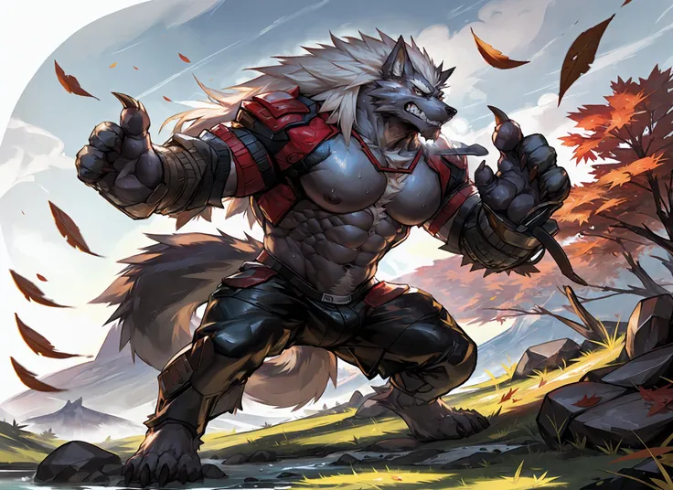 masterpiece,best quality,(1boy:1.1),(solo:1.1),muscular male,hi res,8k hd,extreme detail,detailed background,masterpiece,muscular,muscular anthro,(sweat:1.4),aged up,(looking at viewer:1.1),[(white background:1.4), ::2],solo,mid shot,full body,<lora:gameV4-0.2-0.3-6-None-b6-bf16-D128-A128-1-ep300-768-DAdaptation-constant:0.6>,meadow,(Fallen leaves:1.1),grass,(Maple leaf:1.1),(rock:1.1),Stream,(rivers:1.1),fight pose,
(langshu:1.3),wolf boy,facial hair,Thick eyebrows,grey body,wolf ears,white hair,long hair,wolf tail,claw,<lora:langshu_20230808180321-000014:0.7>,by lindong,by null-ghost,