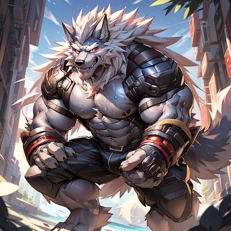 masterpiece,best quality,1boy,solo,muscular male,hi res,8k hd,extreme detail,detailed background,masterpiece,muscular,muscular anthro,(sweat:1.4),aged up,looking at viewer,(langshu:1.3),wolf boy,facial hair,Thick eyebrows,grey body,wolf ears,white hair,long hair,wolf tail,claw,<lora:langshu_20230808180321-000014:0.6>,by lindong,by null-ghost