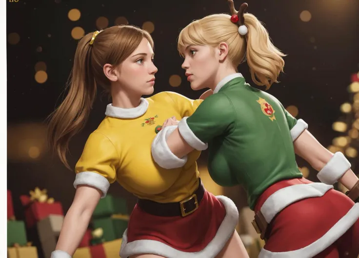 action photo of a girl, (fighting stance), with blonde hair, slapping a (brown) reindeer on the face,
Snow, (christmas lights), christmas tree, (yellow ornaments),
intricate details, photorealistic, realistic, depth of field, best quality, 8k uhd, high quality, (masterpiece:1), (best_quality:1), ultra high res, ultra-detailed, photography, 8K, HDR, (absurdres:1.2), (bokeh:1.2), professional photograph, (mistletoe emblem), (photorealistic), <lora:mistletoe_mercenaries:1>, (comic book battle), battle, duel,
