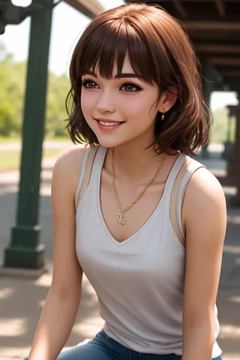 CGI, happy teen girl, light makeup, light jewelry, tank top, sharp focus, natural lighting, subsurface scattering