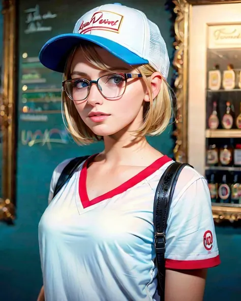 S300_ScarlettSage, upper-body color photograph of 1girl in an ice-cream shop, picture-perfect, (tomboy attire, short haircut , baseball cap, glasses), (face focus), perfect-eyes, intelligent composition, (Ultra-HD-details, Ultra-HD-realistic:1.3), (masterpiece, best quality:1.5),
