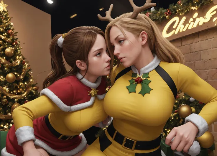 action photo of 2girls, (fighting stance), with blonde hair, with brown hair, skin_tight yellow christmas outfit, (large breasts), 
(santa sitting in the background), reindeer, 
Snow, (christmas lights), christmas tree, (yellow ornaments), 
intricate details, photorealistic, realistic, depth of field, best quality, 8k uhd, high quality, (masterpiece:1), (best_quality:1), ultra high res, ultra-detailed, photography, 8K, HDR, (absurdres:1.2), (bokeh:1.2), professional photograph, (mistletoe emblem), (photorealistic), <lora:mistletoe_mercenaries:1>, (comic book battle), battle, duel,