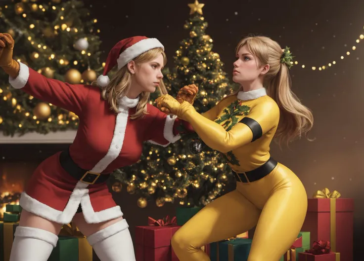 action photo of 2girls, (fighting stance), with blonde hair, with brown hair, skin_tight yellow christmas outfit, (large breasts), 
(santa sitting in the background), reindeer, 
Snow, (christmas lights), christmas tree, (yellow ornaments), 
intricate details, photorealistic, realistic, depth of field, best quality, 8k uhd, high quality, (masterpiece:1), (best_quality:1), ultra high res, ultra-detailed, photography, 8K, HDR, (absurdres:1.2), (bokeh:1.2), professional photograph, (mistletoe emblem), (photorealistic), <lora:mistletoe_mercenaries:1>, (comic book battle), battle, duel,