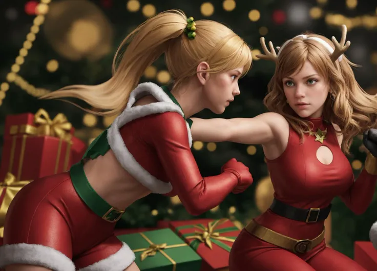 action photo of 2girls, (fighting stance), with blonde hair, with brown hair, skin_tight yellow christmas outfit, (large breasts),
(santa sitting in the background), reindeer,
Snow, (christmas lights), christmas tree, (yellow ornaments),
intricate details, photorealistic, realistic, depth of field, best quality, 8k uhd, high quality, (masterpiece:1), (best_quality:1), ultra high res, ultra-detailed, photography, 8K, HDR, (absurdres:1.2), (bokeh:1.2), professional photograph, (mistletoe emblem), (photorealistic), <lora:mistletoe_mercenaries:1>, (comic book battle), battle, duel,