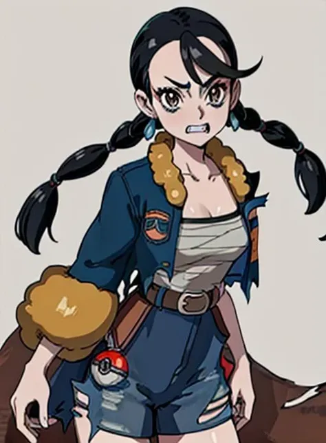 best quality, (masterpiece),(ultra-detailed), (high quality), (high resolution), <lora:clover:0.7>,clover, 1girl, solo, long hair, black hair, holding, twintails, brown eyes, jewelry, collarbone, jacket, cowboy shot, earrings, open clothes, teeth, belt, open jacket, torn clothes, fur trim, eyelashes, clenched teeth, outline, poke ball, sarashi, hair tie, multi-tied hair, torn jacket