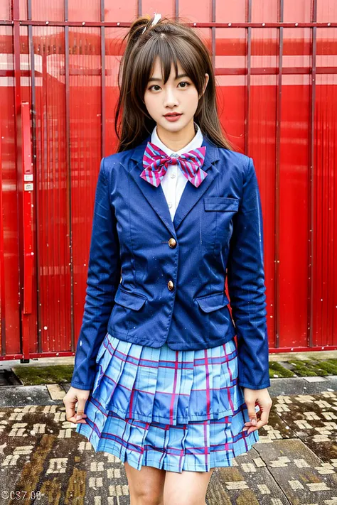 1girl, blazer, bow, bowtie, jacket, otonokizaka school uniform, plaid, plaid skirt, pleated skirt, red bow, school uniform, skirt, solo, striped, striped bow, striped bowtie, winter uniform, loafers, upper body, (smile:0.7), looking at viewer, long hair, outdoors, noon, streets, sunshine, standing, beautiful face, (cowboy shot),<lora:LoveLiveSchoolUniform:0.8>, 8k, hdr, ultra highres, masterpiece,(realistic), highly detailed CG unified 8K wallpapers, (HQ skin:1.2),8k uhd, dslr, high quality, beautiful skin, attractive, ultra-high resolution, ultra-realistic,high-definition,