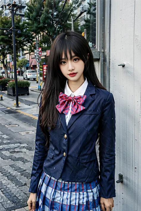 1girl, blazer, bow, bowtie, jacket, otonokizaka school uniform, plaid, plaid skirt, pleated skirt, red bow, school uniform, skirt, solo, striped, striped bow, striped bowtie, winter uniform, loafers, upper body, (smile:0.7), looking at viewer, long hair, outdoors, noon, streets, sunshine, standing, beautiful face, (cowboy shot),<lora:LoveLiveSchoolUniform:0.8>, 8k, hdr, ultra highres, masterpiece,(realistic), highly detailed CG unified 8K wallpapers, (HQ skin:1.2),8k uhd, dslr, high quality, beautiful skin, attractive, ultra-high resolution, ultra-realistic,high-definition,