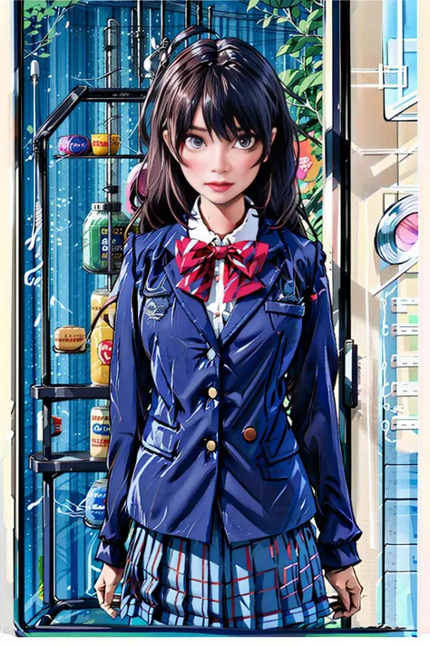 1girl, blazer, bow, bowtie, jacket, otonokizaka school uniform, plaid, plaid skirt, pleated skirt, red bow, school uniform, skirt, solo, striped, striped bow, striped bowtie, winter uniform, loafers, upper body, (smile:0.7), looking at viewer, outdoors, noon, streets, sunshine, standing, beautiful face, (cowboy shot),<lora:LoveLiveSchoolUniform:0.8>, 8k, hdr, ultra highres, masterpiece,(realistic), highly detailed CG unified 8K wallpapers, (HQ skin:1.2),8k uhd, dslr, high quality, beautiful skin, attractive, ultra-high resolution, ultra-realistic,high-definition, close-up,