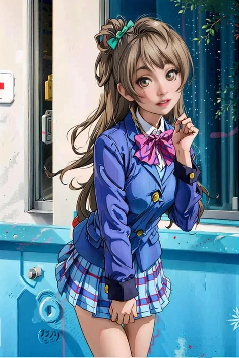 1girl, blazer, bow, bowtie, jacket, otonokizaka school uniform, plaid, plaid skirt, pleated skirt, red bow, school uniform, skirt, solo, striped, striped bow, striped bowtie, winter uniform, loafers, upper body, (smile:0.7), looking at viewer, outdoors, noon, streets, sunshine, standing, beautiful face, (cowboy shot),<lora:LoveLiveSchoolUniform:0.8>, 8k, hdr, ultra highres, masterpiece,(realistic), highly detailed CG unified 8K wallpapers, (HQ skin:1.2),8k uhd, dslr, high quality, beautiful skin, attractive, ultra-high resolution, ultra-realistic,high-definition, close-up,