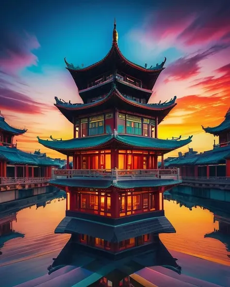 Abstract, 8K, photo shot from front, mid-body portrait, highly-detailed, (flat color:1.1),(colorful:1.3),(masterpiece:1.2), best quality, masterpiece, original, extremely detailed wallpaper, looking at viewer, oriental city,eastern architecture,a lot of details,mysterious expression, in a modern and abstract setting, with bold and colorful abstract art, blurred background, bright lighting,