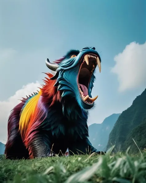 8k high quality, detailed, colorful analog photo, masterpiece, photorealistic, vibrant color film, masterclass, heavy (film grain), Fujicolor 400, Nikon F401,DUNGHUANG,DUNGHUANG BACKGROUND,MONSTER SHOUTING,open mouth,
