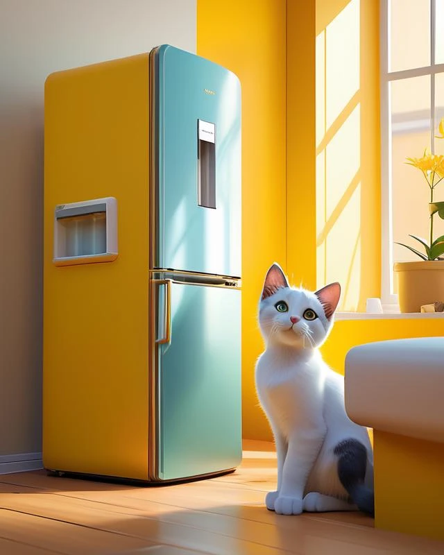 some kittens playing around in a room with yellow background color, fridge. animal cat. digital art. artstation. realistic. vibrant. illustration. in the style of pixar . octane render. art by artgerm and greg rutkowski and alphonse mucha. volumetric lighting.