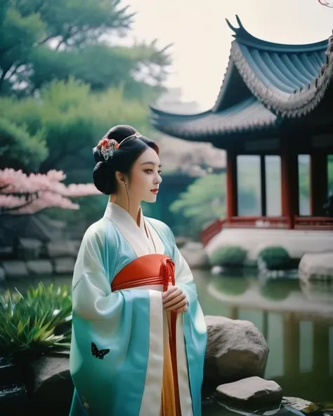 8k high quality, detailed, colorful analog photo, masterpiece, photorealistic, vibrant color film, masterclass, heavy (film grain), Fujicolor 400, Nikon F401,hanfu, floating,oriental architecture,eastern garden,butterfly,wildlife,cloudy and smoke,soft lighting,fairy world,