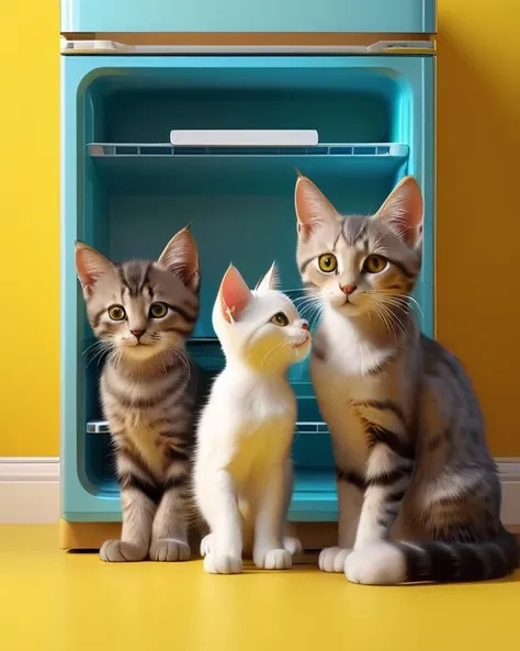 some kittens playing around in a room with yellow background color, fridge. animal cat. digital art. artstation. realistic. vibrant. illustration. in the style of pixar . octane render. art by artgerm and greg rutkowski and alphonse mucha. volumetric lighting.