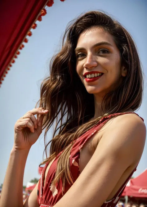 a portrait of a woman in a party dress looking at horizon with red lips smiling , in a summer festival,  sunlight, masterpiece, best quality,  <lora:bar_sep_lora_V1-06:1> <lora:add_detail:1>