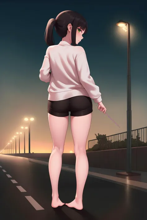 ((masterpiece, high resolution, best quality:1.4, breathtaking, ultra detailed)), a girl (((standing))) under a street lamp at evening, barefoot, full body, from behind, street, bench, white blouse, fit shorts, bangs, twin ponytails, black hair, green eyes, long sleeves, holding, lollipop, looking at viewer <lora:fmlorav1.3take17m14npl:0.8>