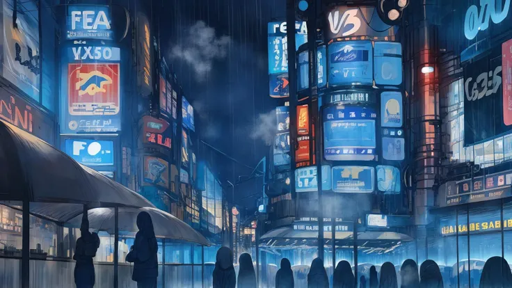 Scenery, a futuristic cityscape, night, billboards, neon lights, crowd, steam, blue theme, rain, hews