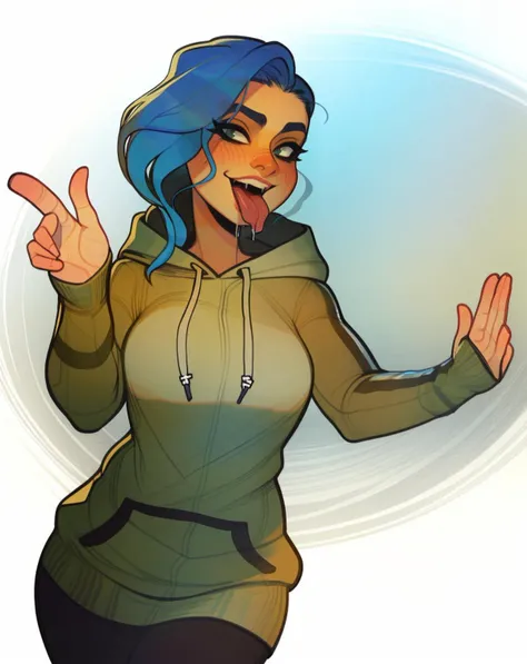mature female, incase, hide (hideout), outstretched leg, blue hair, long hair, hoodie, tongue out, drooling