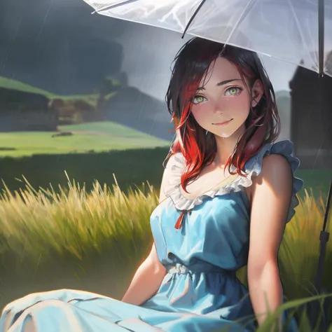 masterpiece, best quality, highly detailed, highly detailed, warm specular lighting, bright eyes, sitting on a grass hill,
red hair, green eyes, medium breasts, slight smile, frill dress, rain, nababa, iuui