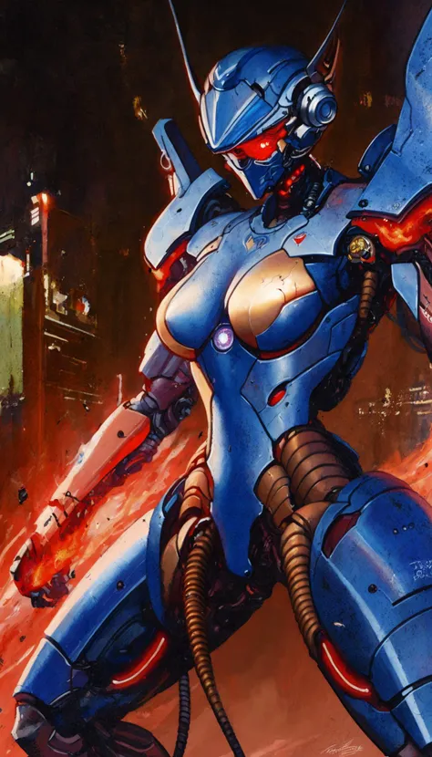 masterpiece, best quality, painting, 1girl, gynoid, police uniform, visor, fire keeper, mechanical parts, dark souls, cyberpunk