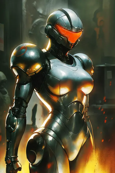 masterpiece, best quality, painting, 1girl, samus aran, power armor, helmet, varia suit, fire keeper, mechanical parts, dark souls, cyberpunk, dino \(dinoartforame\)