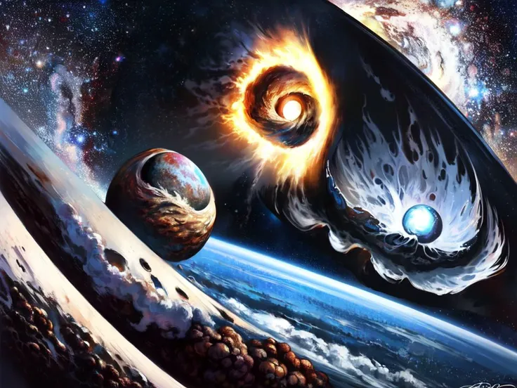 ((best quality:1.7)),((masterpiece)),((realistic:1.7)),Whirlpool Galaxy,big black hole in endless space sucking planets epic effects,, (intricate details:1.12), hdr, (intricate details, hyperdetailed:1.15), long exposure style, (Surrealism), dreamlike , distorted , abstract , symbolic