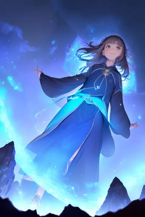 RAW photograph, fantasy, (seen from below, looking down at viewer), on mountain peak outcropping, Hologram wizard casting powerful spell, young teenage boy male with dark brown hair hazel eyes, wearing futuristic mage uniform, surrounded by swirling magical azure light streams, photorealistic, photorealism, greg rutkowski, trending on artstation, film, studio lighting, detailed skin, ultra realistic, bokeh, sharp features