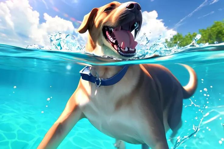 Happy dog swimming underwater and having fun. Happy childhood and summer vacation. High quality photo realistic .8k,detailed,realistic,8k uhd,high quality,