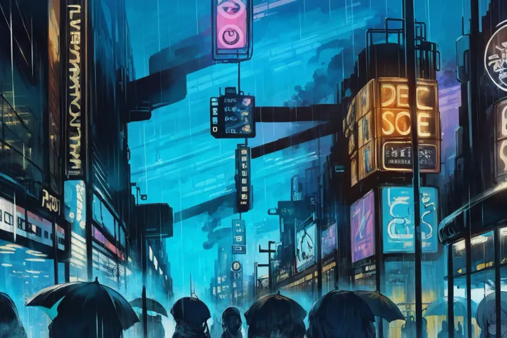 Scenery, a futuristic cityscape, night, billboards, neon lights, crowd, steam, blue theme, rain, hews
