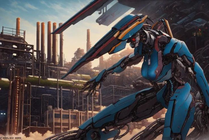 Masterpiece, Best quality, 1girl, blank eyes, wild hair, blue hair, tattoos, mechanical parts, gynoid, robotic, completely nude, factory, scenery, ominous, dramatic, dusty, science fiction, colorful