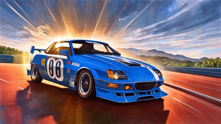 Masterpiece, best quality, digital painting, scenery, racetrack, racing car, vintage car, rally, sunset, light rays, ibuki satsuki