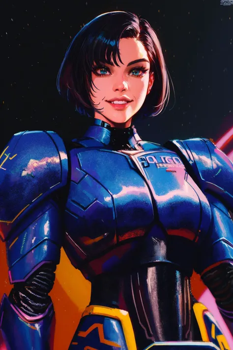 masterpiece, best quality, 1girl, police, black hair, short hair, bodysuit, power armor, smile, looking at viewer, close-up, black background, cyberpunk, digital painting, science fiction, 1980s \(style\)