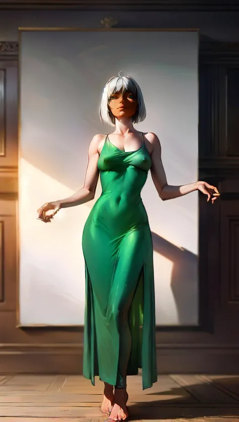 (photograph, hyperrealism, masterpiece, 8k:1.3), 1girl, Congolese (Congo), chubby, nsfw, green dress, pixie bob hair, proud, Ethereal Lighting, Soft and otherworldly light, ideal for fantasy and romantic elements, trending on Flickr, concept art, shot by edward weston, rule of thirds