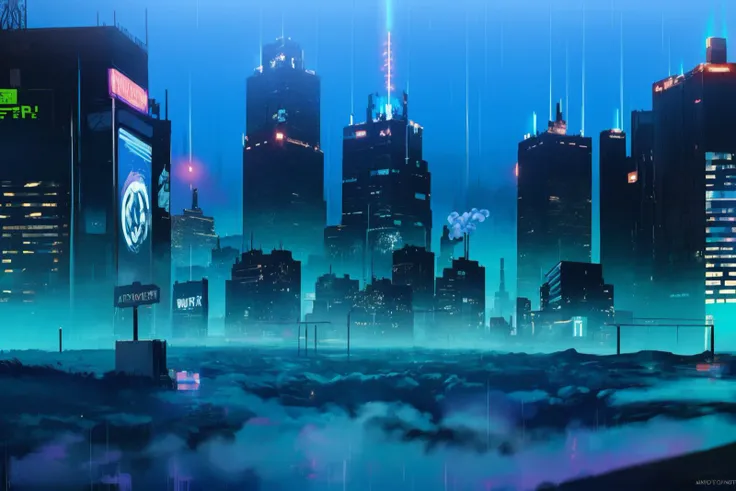Scenery, a futuristic cityscape, night, billboards, neon lights, crowd, steam, blue theme, anato finnstark, hews, rain
