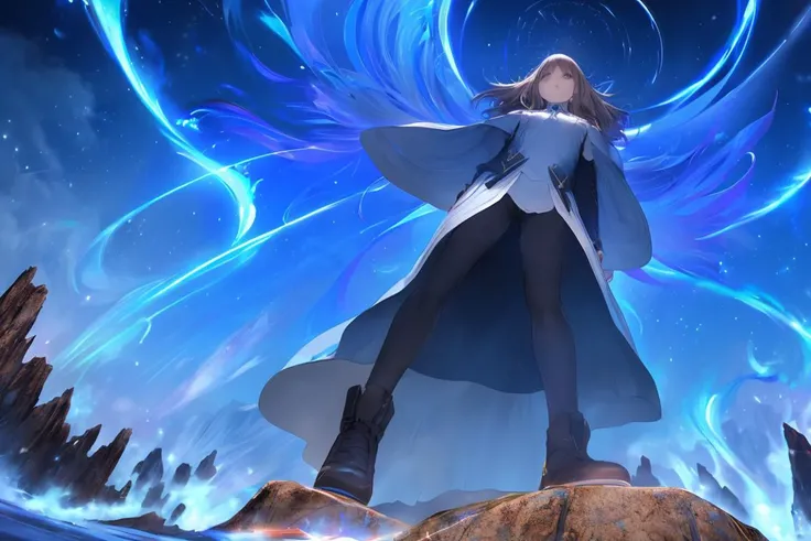 RAW photograph, fantasy, (seen from below, looking down at viewer), on mountain peak outcropping, Hologram wizard casting powerful spell, young teenage boy male with dark brown hair hazel eyes, wearing futuristic mage uniform, surrounded by swirling magical azure light streams, photorealistic, photorealism, greg rutkowski, trending on artstation, film, studio lighting, detailed skin, ultra realistic, bokeh, sharp features