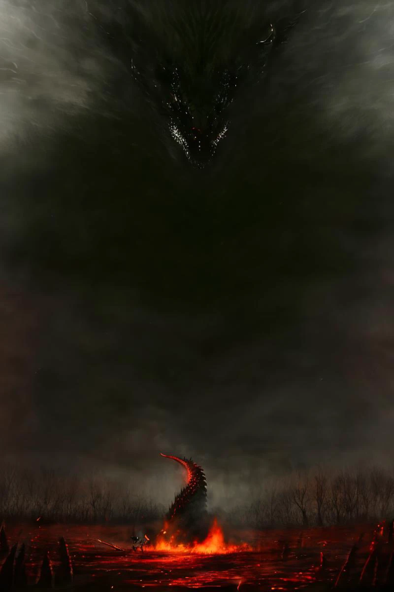 Climactic scene, a samurai with his katana standing in a field facing a distant giant dragon creature with a demonic face, glowing eyes, two outstretched wings, scaled muscular arms sharp claws, ready to start fight, intense scene, fire and air flows, 8k ultrafine detail, attack on titan style, masterpiece, cinematic,(size difference),