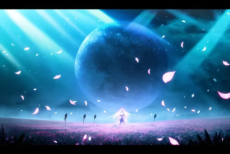 masterpiece, best quality, light particle, depth of field, field, scenery, fantasy, blue light, (far away:1.1), no humans, pastel colors, chromatic aberration abuse, glow in the dark
dark ,cloudy sky, space, red aura, aura, cinematic, dark atmosphere, night , dark hole, glowing eyes, red light, illumination, sword, floating object, monster, fighting stance, light rays,
eye in the sky, (grass:0.9), falling petals,
