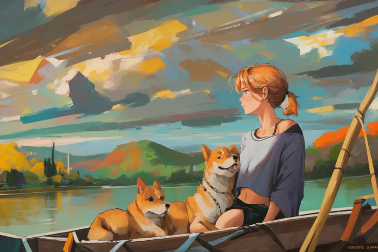 xilmo, anato finnstark, nababa, masterpiece, best quality, 1girl, mature female, orange hair, short hair, ponytail, (muscular), cropped shirt, off shoulder, collarbone, midriff, abs, sitting, relaxing, river, cloudy sky, light rays, boat, dog, (welsh corgi), scenery