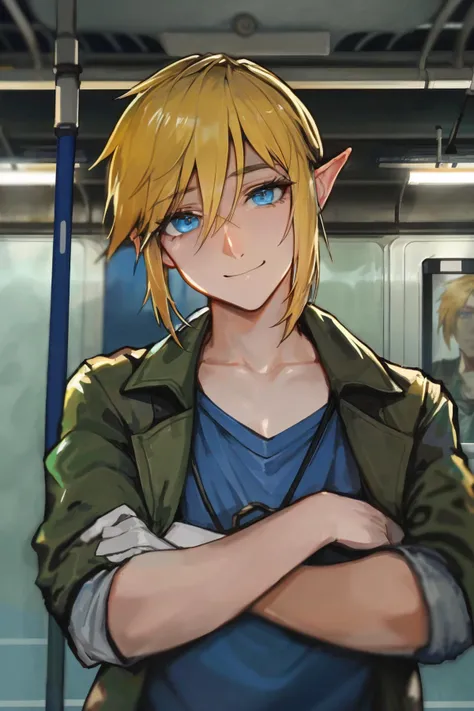 1boy, link, blonde hair, blue shirt, green jacket, subway, smile, blue eyes, head tilt, upper body, male focus, solo focus, iuui