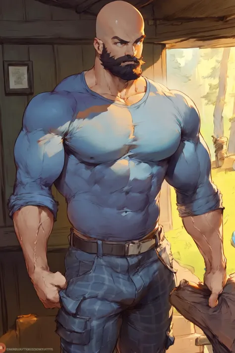 cutesexyrobutts, masterpiece, best quality, 1boy, manly, muscular, beard, bald, (blue shirt), black pants, cargo pants, lumberjack, cabin
