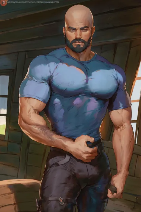 cutesexyrobutts, hoo bamon, masterpiece, best quality, 1boy, manly, muscular, beard, bald, (blue shirt), black pants, cargo pants, lumberjack, cabin