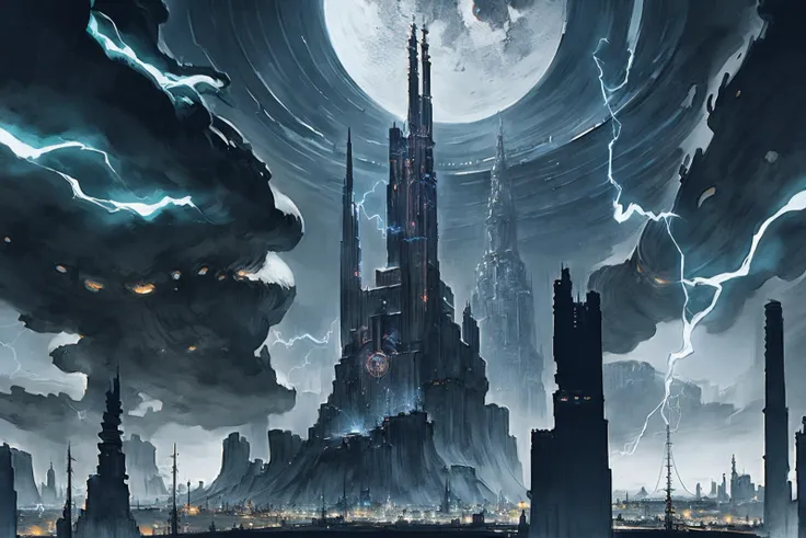masterpiece, best quality, no humans, scenery, tower, fortress, cityscape, full moon, electricity, mystical, epic,science fiction,  fantasy, [dino \(dinoartforame\):nat the lich:0.85]