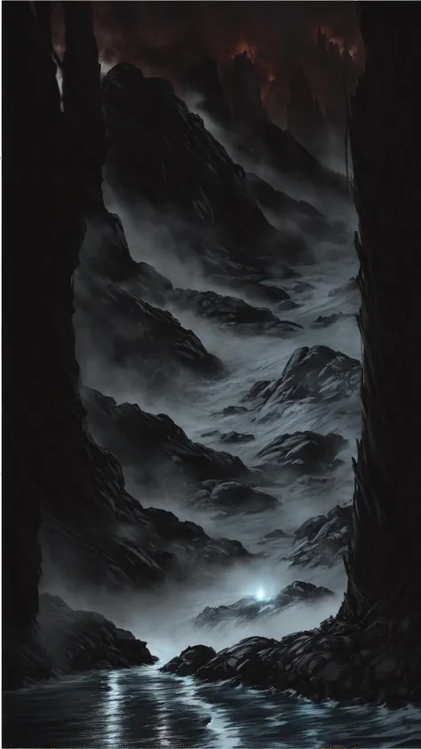 movie shot of a mountainous rocky landscape with a raging river and lush forest,creepy,scary,horror,cinematic,epic,poster,digital painting,orange and dark colors,intricate details,Asaf hanuka,uplight,, 35mm, realistic, detailed, textured, skin, hair, eyes, by Alex Huguet, Mike Hill, Ian Spriggs, JaeCheol Park, Marek Denko, (Noir), black and white , detective , crime , mystery