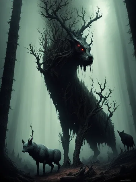 animals in dark forest, dark art, surrealism, dramatic, greg rutkowski